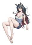  1girl absurdres animal_ears bangs bare_legs barefoot black_hair black_shorts breasts cat_ears cleavage closed_mouth collarbone commentary cy9 eyebrows_visible_through_hair feet full_body highres legs long_hair looking_at_viewer medium_breasts original shirt shorts solo toes white_background white_shirt yellow_eyes 