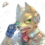  2022 5_fingers absurd_res anthro brown_body brown_fur canid canine clothing enso_t0324 fingerless_gloves fingers fox fox_mccloud fur gloves green_eyes handwear hi_res jacket male mammal nintendo open_mouth scarf signature simple_background solo star_fox teeth tongue topwear video_games 