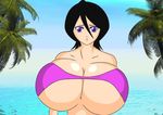  beach bikini black_hair bleach blue_eyes cleavage cute-rukia gigantic_breasts kuchiki_rukia shinigami short_hair swimsuit 