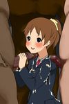  blush brown_eyes brown_hair bukkake censored cum cum_on_clothes ejaculation group_sex handjob highres hirasawa_ui k-on! nagai_ham penis short_hair sweat 