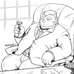 2019 anthro belly big_belly biped bottomwear clothing humanoid_hands kemono male mammal monochrome mtflying30371 necktie overweight overweight_male pants shirt sitting solo topwear ursid 