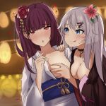  2girls 9a-91_(girls&#039;_frontline) :o alternate_costume bangs blue_eyes blush breast_grab breast_hold breasts brown_kimono cleavage closed_mouth collarbone eyebrows_visible_through_hair flower girls&#039;_frontline grabbing hair_flower hair_ornament hairclip heart heart_print highres japanese_clothes kimono licking_lips long_hair looking_at_another looking_at_viewer medium_breasts multiple_girls multiple_views nail_polish open_mouth purple_hair red_eyes side_ponytail silver_hair simple_background smile sugar_desu tongue tongue_out upper_body wa2000_(girls&#039;_frontline) white_kimono yuri 