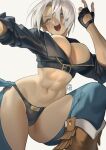  1girl angel_(kof) blue_eyes boots breasts chaps cowboy_boots cropped_jacket fingerless_gloves gloves grey_background hair_over_one_eye highres jacket large_breasts leather leather_jacket open_mouth poch4n snk solo the_king_of_fighters the_king_of_fighters_xv toned white_hair 