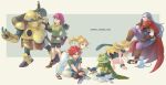  3girls absurdres ayla_(chrono_trigger) belt blonde_hair blue_eyes cat chrono_trigger crono_(chrono_trigger) frog_(chrono_trigger) glasses headband highres jewelry long_hair lucca_ashtear magus_(chrono_trigger) marle_(chrono_trigger) mogg_magg multiple_boys multiple_girls open_mouth ponytail purple_hair red_hair robo_(chrono_trigger) robot short_hair simple_background smile spiked_hair sword weapon 