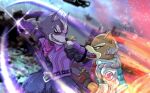  2021 anthro battle brown_body brown_fur canid canine canis clothing duo enso_t0324 eye_contact fox fox_mccloud fur green_eyes grey_body grey_fur hi_res looking_at_another male mammal nintendo open_mouth purple_eyes star_fox teeth tongue video_games white_body white_fur wolf wolf_o&#039;donnell 