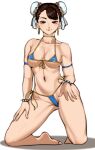  1girl armlet bikini blue_bikini breasts brown_eyes brown_hair bun_cover choker chun-li cloudy_rain4 collarbone double_bun earrings highres jewelry lips looking_at_viewer medium_breasts micro_bikini navel_piercing piercing simple_background smile solo street_fighter swimsuit thighs white_background yellow_bikini 