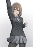  1girl absurdres araishi_maro brown_eyes brown_hair hair_ornament hairpin hand_up highres hirasawa_yui k-on! kyoto_animation open_mouth pantyhose sakuragaoka_high_school_uniform school_uniform short_hair 