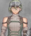  1boy armor bangs closed_mouth detached_sleeves eyebrows_visible_through_hair green_hair grey_background hair_between_eyes headgear highres male_focus martin_(rune_factory) rune_factory rune_factory_5 shaded_face simple_background solo sundaaay sweat upper_body yellow_eyes 