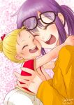  2girls artist_name baby blonde_hair cheek-to-cheek chrono_cross chrono_trigger closed_eyes dated diaper glasses heads_together highres kid_(chrono_cross) long_hair lucca_ashtear multiple_girls open_mouth ponytail purple_hair shikiwo short_hair smile 