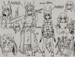  1boy 1girl animal_ears au_ra avatar_(ff14) belt between_breasts blush boned_meat boots breasts campfire carrying carrying_person carrying_under_arm cat_boy cat_ears cat_tail character_sheet club_(weapon) crossed_arms dragon_girl dragon_horns dragon_tail eating english_text final_fantasy final_fantasy_xiv food hand_on_hip head_between_breasts hime_cut horns jewelry large_breasts long_hair mask meat miqo&#039;te monochrome necklace over_shoulder peeking_out revealing_clothes scales short_hair shorts sirachi skirt smile spiked_club sweat sword tail tent thong thumbs_up tuya_bairon underwear weapon weapon_over_shoulder 
