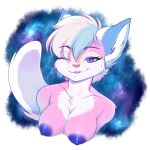  anthro areola blue_areola blue_nipples diana_(mavis_delcat) female fur hair hi_res lagomorph leporid looking_at_viewer mammal multicolored_body multicolored_fur multicolored_hair nipples one_eye_closed portrait purple_eyes rabbit rainbowscreen smile solo space wink 