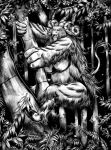  6_horns absurd_res angry anthro ape bamboo big_breasts big_hair biped bovid bovine breasts bunbunbeat caprine cattle climbing climbing_tree detailed detailed_background digital_drawing_(artwork) digital_media_(artwork) european_mythology facial_hair fangs gorilla greek_mythology greyscale gynomorph hair hairy hairy_breasts haplorhine hi_res hooves horn hybrid intersex leaf long_hair mammal minotaur monochrome monster multi_horn muscular muscular_anthro mythology nature nipples open_mouth plant primal_urga primate solo teeth thick_thighs tree urga_(a_small_tool) were wide_hips 