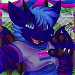  anthro bisexual_pride_colors blue_eyes clothing dragon fence fur furred_dragon gesture grin hi_res horn kyle_stark lgbt_pride male markings open_mouth pawpads pride_colors saffron smile solo striped_markings stripes the_chubster_wolfie v_sign wings 