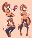  1girl absurdres ass bag bandages breasts brown_eyes brown_hair dnf_duel dungeon_and_fighter fighter_(dungeon_and_fighter) gloves hand_on_hip high_ponytail highres ken-pai_(kenpai_arts) large_breasts leg_lift long_hair looking_at_viewer low-tied_long_hair open_mouth red_footwear red_gloves simple_background sleeveless smile striker_(dungeon_and_fighter) very_long_hair 