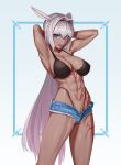  1girl abs animal_ears armpits bangs bikini black_bikini blue_eyes body_markings border breasts caenis_(fate) cleavage dark-skinned_female dark_skin denim denim_shorts fate/grand_order fate_(series) hair_intakes horse_ears large_breasts long_hair massive_kagawa muscular muscular_female navel open_mouth shorts solo swimsuit tan tattoo toned white_hair 