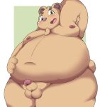  2022 anthro balls belly big_belly blush brown_body erection genitals hi_res inigo_(kusosensei) kemono kusosensei male mammal moobs navel nipples obese obese_male overweight overweight_male penis small_penis solo ursid 