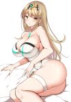  1girl bangs blonde_hair breasts casual_one-piece_swimsuit chest_jewel gem green_gemstone headpiece highres large_breasts long_hair mythra_(radiant_beach)_(xenoblade) mythra_(xenoblade) noeomi one-piece_swimsuit ribbed_swimsuit solo strapless strapless_swimsuit striped striped_swimsuit swept_bangs swimsuit two-tone_swimsuit vertical-striped_swimsuit vertical_stripes very_long_hair white_swimsuit xenoblade_chronicles_(series) xenoblade_chronicles_2 yellow_eyes 