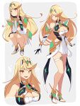  1girl :d absurdres armor armored_dress bangs bare_shoulders black_gloves blonde_hair breasts chest_jewel cleavage closed_eyes dress drop_earrings earrings elbow_gloves full_body gloves hand_on_own_cheek hand_on_own_face head_rest highres jewelry large_breasts long_hair multiple_views mythra_(xenoblade) risumi_(taka-fallcherryblossom) simple_background sleeveless sleeveless_dress smile squatting swept_bangs thigh_strap tiara two-tone_gloves upper_body white_dress white_gloves xenoblade_chronicles_(series) xenoblade_chronicles_2 yellow_eyes 