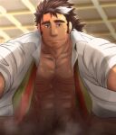  1boy abs bara bare_pectorals beard blush bottomless breath chest_hair collared_shirt commission facial_hair feet_out_of_frame hairy implied_anal implied_sex large_pectorals leg_hair long_sideburns looking_at_viewer male_focus male_pubic_hair mature_male mononobe_kyoma multicolored_hair muscular muscular_male naked_shirt open_clothes open_shirt pectorals pov pubic_hair shirt short_hair sideburns skeb_commission sleeves_rolled_up smile solo spread_legs stomach streaked_hair stubble sunfight0201 sweat thick_eyebrows tokyo_afterschool_summoners undone_necktie white_hair 