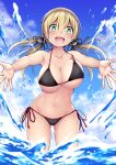  1girl absurdres bare_arms bare_legs bare_shoulders bikini black_bikini blonde_hair blush breasts cloud cloudy_sky collarbone cowboy_shot day eyebrows_visible_through_hair green_eyes groin hair_between_eyes highres kantai_collection kuromayu large_breasts long_hair low_twintails navel open_mouth prinz_eugen_(kancolle) sky smile solo swimsuit twintails water 