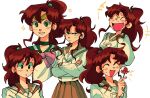  1girl beeturtle1 bishoujo_senshi_sailor_moon brown_hair choker expressions green_choker green_eyes green_sailor_collar inner_senshi kino_makoto kino_makoto&#039;s_school_uniform multiple_views ponytail sailor_collar sailor_jupiter sailor_senshi sailor_senshi_uniform school_uniform 