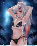  1girl absurdres bikini blush bra demon_girl demon_horns highres hololive horns long_hair midriff nakiri_ayame navel panties popcornflakes red_eyes see-through swimsuit underwear virtual_youtuber 