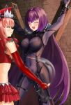  2girls bdsm bodysuit bondage bound breasts closed_eyes covered_navel dorachan_r elbow_gloves fate/grand_order fate_(series) gloves hair_intakes hat highres large_breasts long_hair medb_(alluring_chief_warden_look)_(fate) medb_(fate) multiple_girls peaked_cap pink_hair purple_bodysuit purple_hair red_gloves red_headwear restrained riding_crop ryona scathach_(fate) stationary_restraints yellow_eyes 