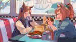  2girls absurdres alternate_costume animal_ears aqua_eyes bendy_straw blue_eyes booth_seating brown_hair burger cheese coffee coffee_mug commentary_request cup diner drinking_straw ear_ornament ear_ribbon eyebrows_behind_hair food french_fries fuyukayui glass grass_wonder_(umamusume) hair_ornament high_ponytail highres horse_ears horse_girl horseshoe_print ice_cream jacket ketchup_bottle letterman_jacket light_brown_hair long_sleeves mug multicolored_hair multiple_girls pancake salt_shaker sandwich sideways_glance star_(symbol) star_hair_ornament sundae taiki_shuttle_(umamusume) toothpick two-tone_hair umamusume volkswagen_beetle 