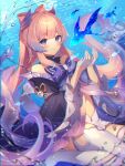  bangs blunt_bangs bow bow_by_hair breasts detached_collar fish frilled_sleeves frills genshin_impact gloves gradient_hair highres homaderi long_hair multicolored_hair pink_hair ponytail purple_eyes sangonomiya_kokomi thighhighs underwater white_gloves white_legwear 