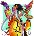  31_minutos alcohol animal_bag aqua_hair backpack badge bag baseball_cap beer beer_bottle black_headwear bottle breasts button_badge choker cleavage dark-skinned_female dark_skin disembodied_limb dolores_(kof) eating eyelashes food gas_mask green_eyes hat holding holding_bag holding_food hood hood_down hoodie hot_dog isla_(kof) jaliet_exe light_blue_hair looking_at_viewer looking_to_the_side mask mask_around_neck multicolored_hair open_clothes open_hoodie open_mouth ponytail shirt sideways_glance solo streaked_hair stuffed_animal stuffed_bunny stuffed_toy the_king_of_fighters the_king_of_fighters_xv torn_clothes torn_shirt two-tone_hair v_neck white_hair yellow_hoodie 