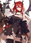  &gt;:) 1girl arknights ass_visible_through_thighs bangs bare_shoulders black_dress black_legwear breasts cleavage commentary detached_collar dress hair_between_eyes highres holding holding_sword holding_weapon horns large_breasts long_hair long_sleeves looking_at_viewer off_shoulder purple_eyes raitho red_hair reverse_grip short_dress smile solo surtr_(arknights) sword thighhighs v-shaped_eyebrows very_long_hair weapon white_background 