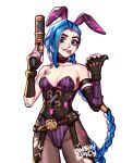  1girl alternate_costume animal_ears asymmetrical_bangs bangs bare_shoulders blood blue_eyes blue_hair blushy-pixy braid breasts brown_gloves choker collarbone commentary explosive fake_animal_ears fingerless_gloves freckles gloves grenade gun hands_up holding holding_grenade holding_gun holding_weapon jinx_(league_of_legends) league_of_legends leotard long_hair looking_at_viewer medium_breasts mouth_hold pantyhose pink_blood playboy_bunny rabbit_ears smile solo twin_braids weapon 