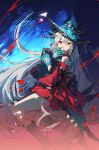  1girl absurdres aqua_gloves arknights blue_background boots dress gloves hat high_heel_boots high_heels highres long_hair red_dress red_eyes silver_hair skadi_(arknights) skadi_the_corrupting_heart_(arknights) very_long_hair wide_sleeves yoisy 