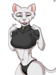  absurd_res anthro bell bell_collar big_breasts black_clothing black_panties black_thong black_topwear black_underwear breasts clothing collar domestic_cat felid feline felis female female/female happy hi_res legwear looking_at_viewer mammal navel panties pink_ears pink_nose raised_tail rentressy smile smiling_at_viewer solo thigh_highs thong topwear underwear victoria_(rentressy) white_body 