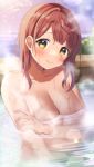  1girl absurdres artist_name bangs blurry blurry_background blush breasts bush cleavage closed_mouth collarbone commentary_request eyebrows_visible_through_hair fingernails hair_behind_ear hair_down hand_on_own_arm hand_up head_tilt highres horizon kazepana lens_flare light_particles long_hair looking_at_viewer love_live! love_live!_nijigasaki_high_school_idol_club medium_breasts nude ocean onsen outdoors partially_submerged purple_sky red_hair sidelocks signature smile solo steam uehara_ayumu upper_body water wet yellow_eyes 