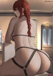  1girl absurdres ass back belt blurry blurry_background braid braided_ponytail breasts chainsaw_man chair closed_mouth from_behind highres long_hair looking_at_viewer looking_back makima_(chainsaw_man) medium_breasts multiple_straps naked_belt o-ring_belt orange_eyes oroborus red_hair sideboob sitting solo thighs 