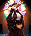  absurd_res anthro big_breasts breasts canid canine canis clothed clothing doge dogelore domestic_dog hi_res looking_at_viewer mammal meme nun shiba_inu simple_background smile solo spitz winter_nacht 