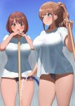  2girls bangs bare_legs black_panties blue_eyes blue_sky blush breasts brown_hair closed_mouth commentary commentary_request cowboy_shot eyebrows_visible_through_hair hose kaisen_chuui large_breasts long_hair looking_at_another multiple_girls open_mouth original outdoors panties ponytail shirt short_sleeves sky smile thighs underwear water white_shirt 