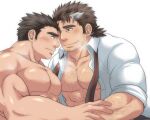  abs arm_hair bara bare_pectorals beard blush breath chest_hair clothed_male_nude_male collared_shirt commission couple eye_contact facial_hair hairy holding_another&#039;s_arm large_pectorals long_sideburns looking_at_another male_focus master_3_(housamo) mature_male mononobe_kyoma multicolored_hair muscular muscular_male nude open_clothes open_shirt pectorals shirt short_hair sideburns skeb_commission sleeves_rolled_up stomach streaked_hair stubble sunfight0201 sweat thick_eyebrows tokyo_afterschool_summoners undone_necktie upper_body white_hair yaoi 