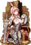 1girl animal_ears armor bare_shoulders belt belt_buckle belt_pouch bikini_armor bodysuit breasts buckle buckler chain cleavage coin dagger eyebrows_visible_through_hair fake_animal_ears gem gold gold_chain gold_coin gorget green_gemstone headband highres kneeling knife large_breasts looking_at_viewer octopus open_mouth original pink_hair playboy_bunny pouch rabbit_ears rabbit_tail red_eyes sandals sheath sheathed shield shin_guards smile solo stirrup_legwear strap suction_cups sword tail tentacles toeless_legwear toes torn_clothes torn_legwear treasure treasure_chest twintails weapon yilan_un 