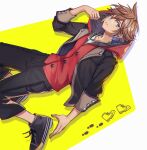  1boy black_jacket black_pants blue_eyes brown_hair buttons crown_(symbol) hood hoodie jacket jewelry kingdom_hearts kingdom_hearts_iv looking_at_viewer necklace pants parted_lips red_hoodie shoes sneakers solo sora_(kingdom_hearts) yurichi_(artist) 