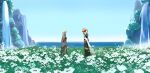  1boy 1girl bangs bare_shoulders brown_hair clear_sky day detached_sleeves dress field flower flower_field gloves highres horizon long_hair looking_at_another luke_fon_fabre mountain ocean red_hair short_hair sky sleeveless sleeveless_dress tales_of_(series) tales_of_the_abyss tear_grants yacht_king 