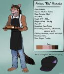  2022 anthro apron biped bottomwear bread claws clothed clothing conditional_dnp denim denim_clothing digital_media_(artwork) ear_piercing english_text faraden fluffy food fully_clothed fur hat headgear headwear hi_res jeans legacy long-tailed_weasel looking_at_viewer male mammal model_sheet mustela mustelid musteline new_faraden pants piercing ratte riv_(ratte) signature smile solo text topwear true_musteline 