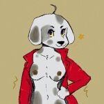  alekoin animal_crossing anthro black_markings brown_nipples canid canine canis clothing dalmatian domestic_dog erect_nipples female flashing flashing_breasts freckles_on_breasts fur hi_res jacket looking_at_viewer mammal markings navel nintendo nipples portia_(animal_crossing) red_clothing smile smirk solo topwear video_games white_body white_fur 