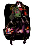  1girl ankle_boots bag black_eyes black_hair bobbbob bomber_jacket boots bow bowtie case full_body fur-trimmed_boots fur_trim hair_bow holding holding_bag jacket jacket_partially_removed long_hair looking_to_the_side original outside_border pantyhose solo sticker 