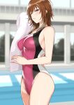  1girl ;o aketa_mikoto armpit_crease blonde_hair blurry blurry_background blush breasts brown_hair competition_swimsuit depth_of_field gradient_hair groin highres idolmaster idolmaster_shiny_colors indoors looking_at_viewer medium_breasts multicolored_eyes multicolored_hair one-piece_swimsuit one_eye_closed pool skin_tight solo swimsuit towel tsurui wet wet_hair 