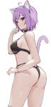 1girl ahoge animal_ear_fluff animal_ears ass bangs bare_arms black_bra black_collar black_panties blush bra breasts cat_ears cat_girl cat_tail closed_mouth collar cowboy_shot hand_up highres holding holding_hair hololive large_breasts nekomata_okayu panties purple_eyes purple_hair ruka_tou short_hair sideboob smile solo standing tail tail_raised tail_through_clothes underwear underwear_only virtual_youtuber white_background 