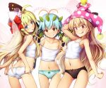  3girls ^^^ adjusting_clothes ahoge antennae aqua_panties arched_back arm_behind_head arm_up ass ass_visible_through_thighs bangs bare_arms bare_shoulders black_panties blonde_hair blue_eyes blush bow breasts butterfly_wings cameltoe chima_q closed_mouth clownpiece collarbone cowboy_shot d: diagonal_stripes eternity_larva eyebrows_visible_through_hair eyes_visible_through_hair fairy fairy_wings flat_chest from_side hair_between_eyes hat hat_bow heart highres jester_cap leaf leaf_on_head legs_apart lens_flare light_blue_hair lily_white long_hair looking_at_viewer multiple_girls open_mouth panties pink_headwear polka_dot polka_dot_headwear red_bow red_eyes short_hair skin_tight small_breasts smile standing striped striped_background surprised sweatdrop tank_top taut_clothes thigh_gap thighs tilted_headwear touhou transparent_wings underwear very_long_hair white_headwear white_panties white_tank_top wings 