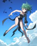  1girl bangs barefoot black_dress blue_sky breasts cloud collarbone curly_hair dress english_commentary floating full_body green_eyes green_hair highres jourd4n legs looking_at_viewer one-punch_man shoes short_hair single-shoulder_dress single_bare_arm single_bare_shoulder single_shoe sky small_breasts solo tatsumaki torn_clothes torn_dress 