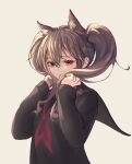  1girl absurdres angelina_(arknights) animal_ear_fluff animal_ears arknights bangs beancake black_sailor_collar black_serafuku black_shirt brown_hair bunching_hair closed_mouth eyebrows_visible_through_hair fox_ears grey_background highres long_hair long_sleeves looking_at_viewer neckerchief red_eyes red_neckerchief sailor_collar school_uniform serafuku shirt simple_background twintails upper_body 